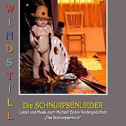 Cover von 'Die Schnurpsenlieder': molliger harlekin mit Sommerhut, Pinsel und Farbpalette