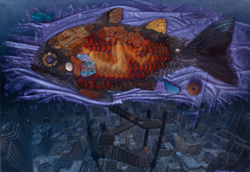 Surreales Bild mit Fisch und Treppe